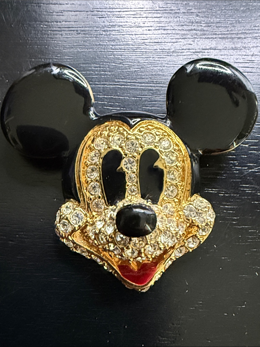 Vintage Crystal Enamel Mickey Head Brooch Signed Disney Napier